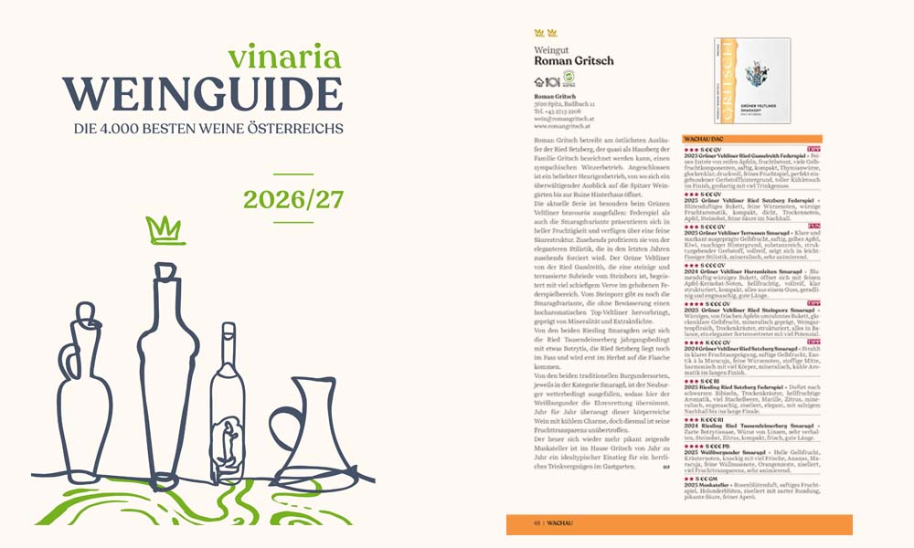 News Vinaria Weinguide 2026/27: Top-Bewertungen für unser Weingut Roman Gritsch in Spitz